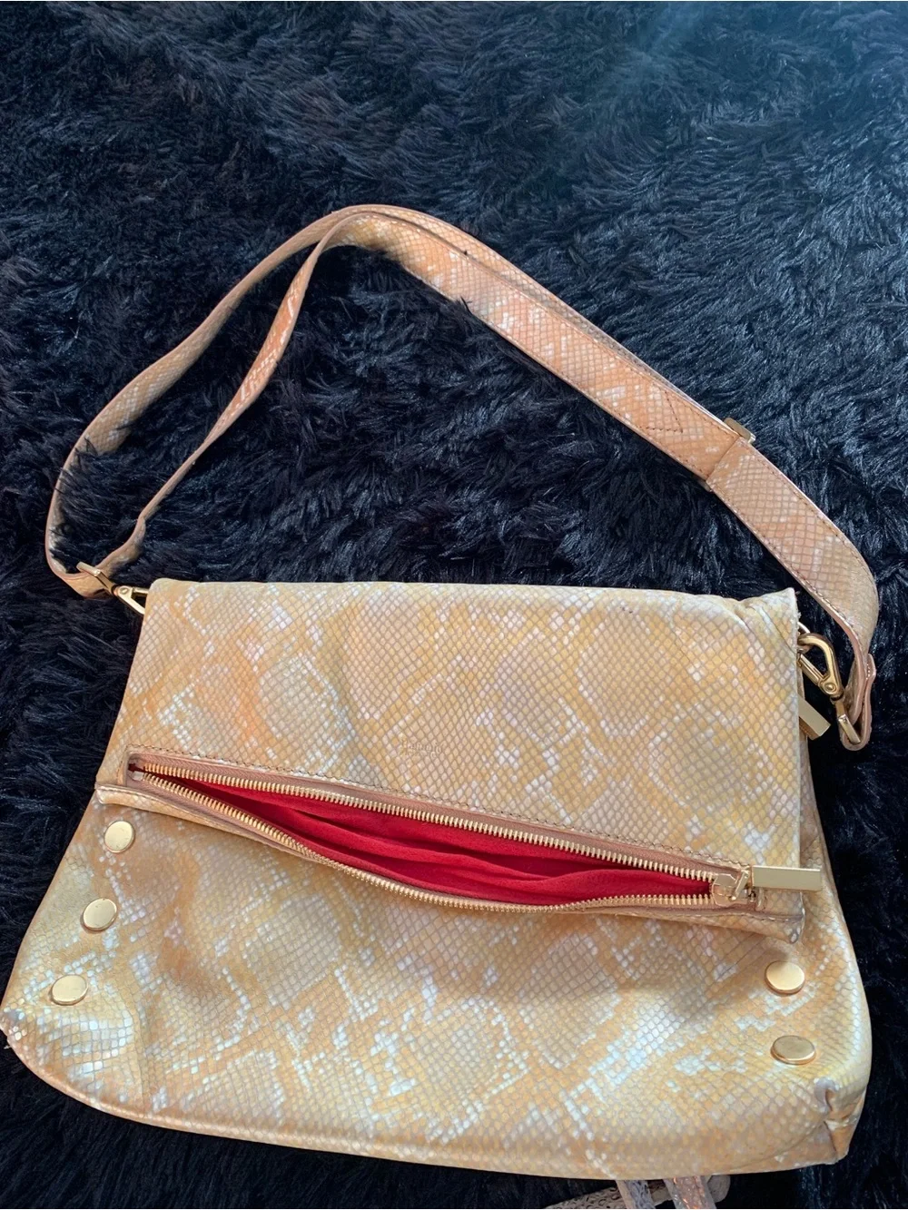 Hammitt Gold Snakeskin Crossbody with Red Zip Accent Large VIP